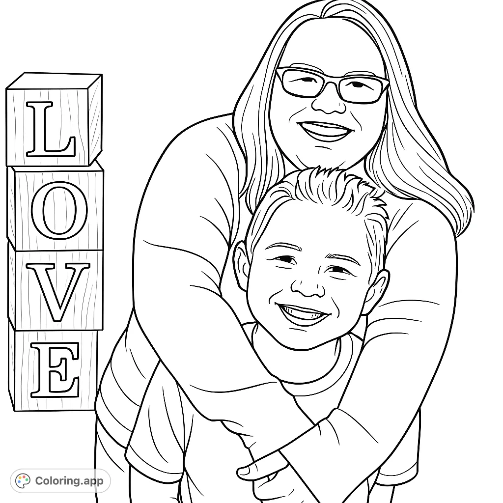 A heartwarming family love coloring page featuring a mother embracing her child, with 'LOVE' blocks. Perfect for celebrating family bonds.