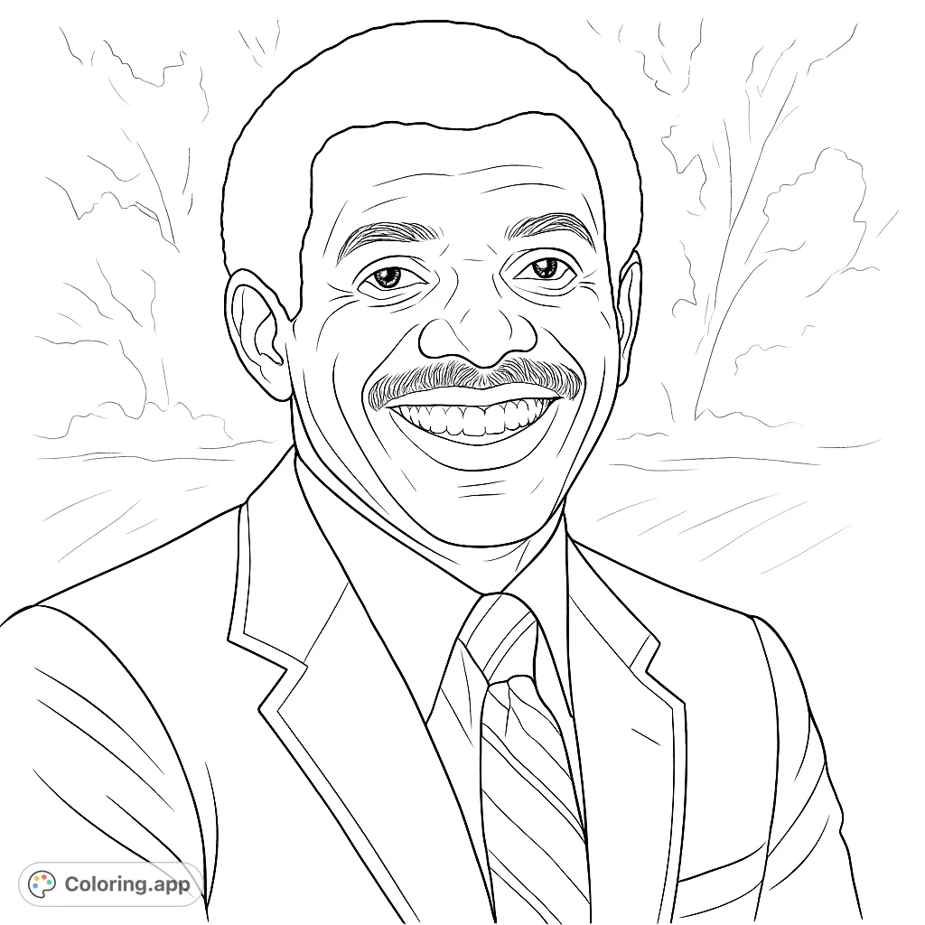 A captivating portrait of a smiling man in a suit and tie, perfect for a free printable portrait coloring page. Express joy and creativity.