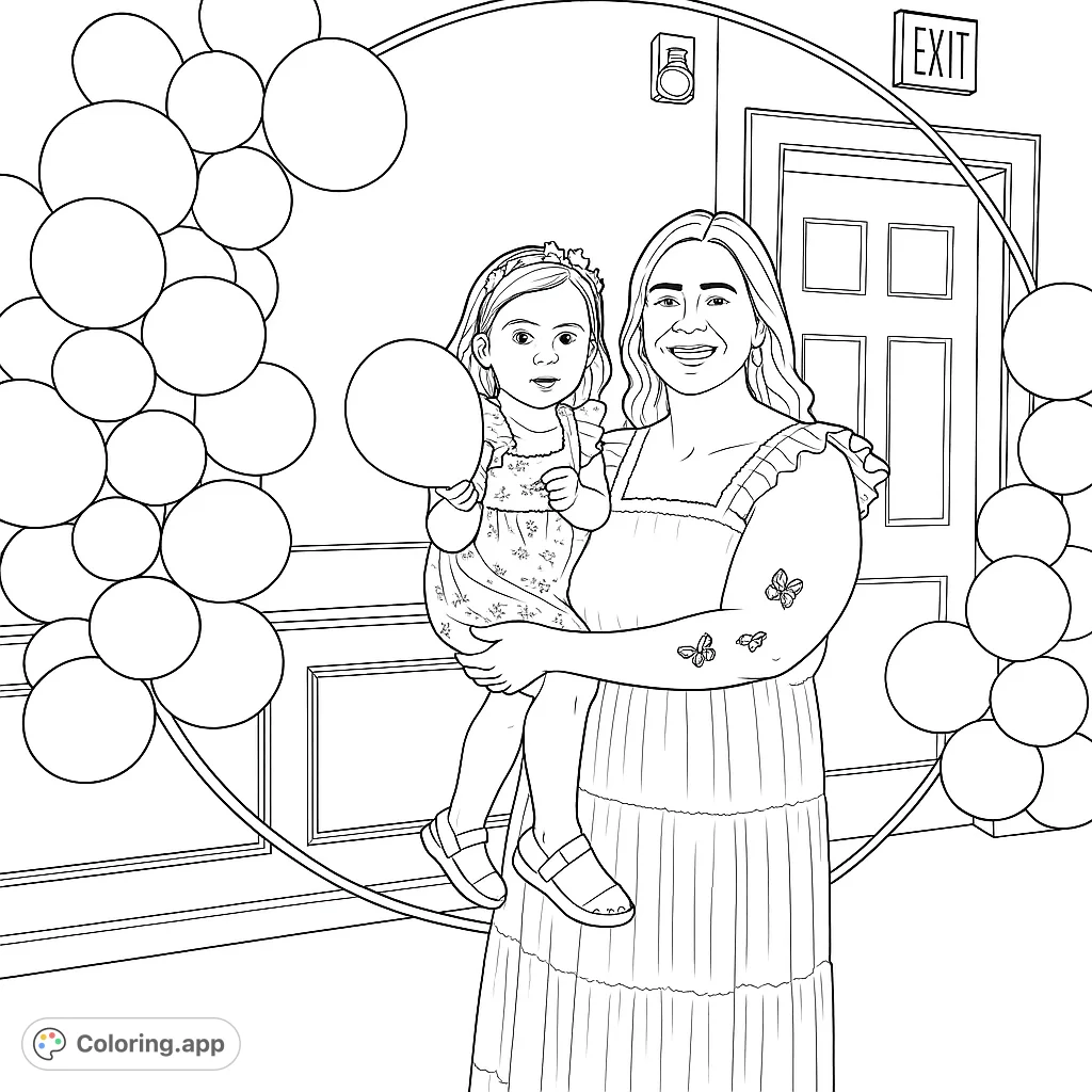 A heartwarming mother and child coloring page, featuring a joyful duo with balloons and a festive arch. Perfect for family-themed free printable coloring pages for kids and adults.