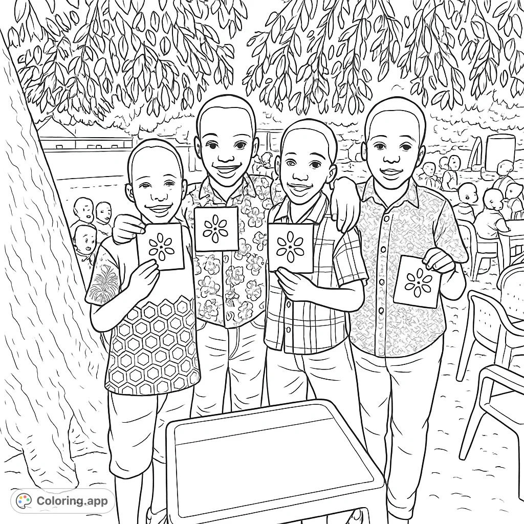 Four joyful boys hold flower cards in an outdoor community scene. A heartwarming free printable coloring page for kids and adults, celebrating friendship.