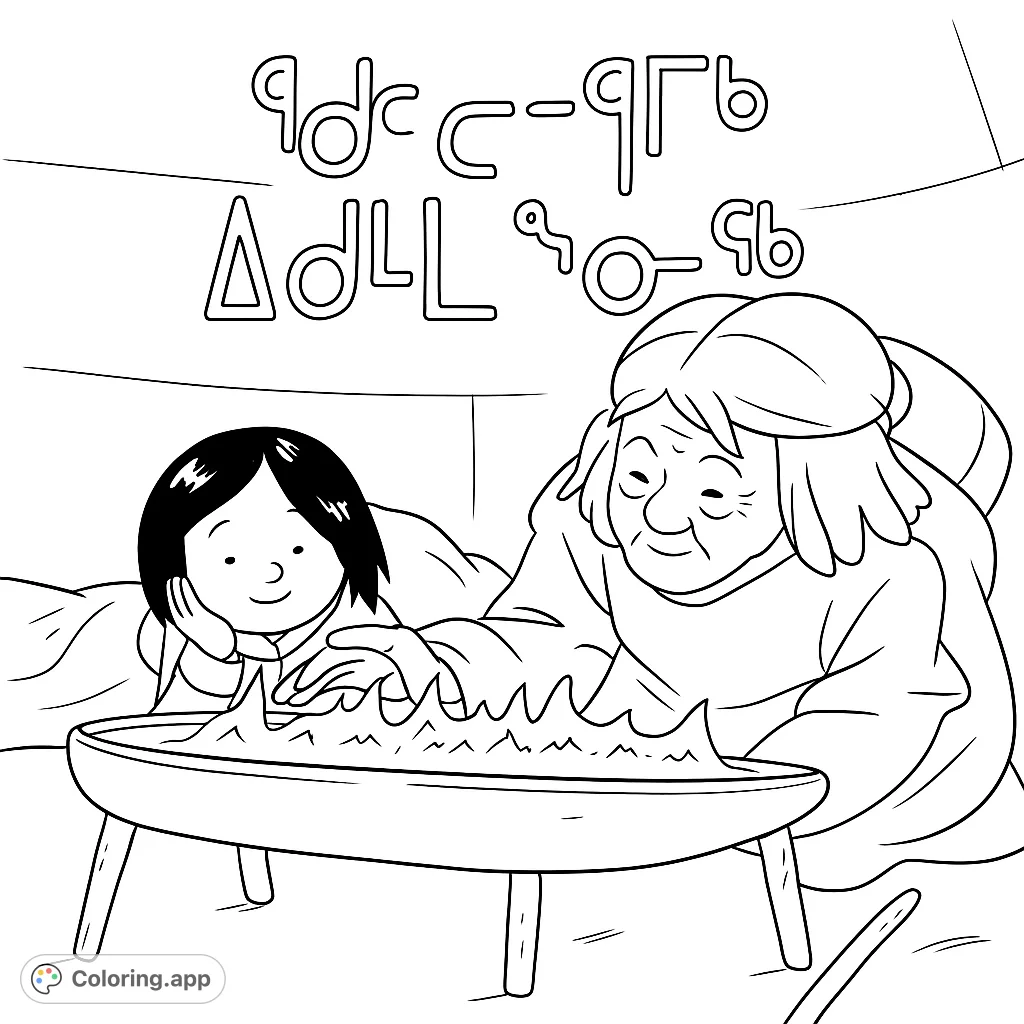 A heartwarming free printable coloring page featuring an older woman and child by a cozy fire pit, with unique symbols. Perfect for all ages.