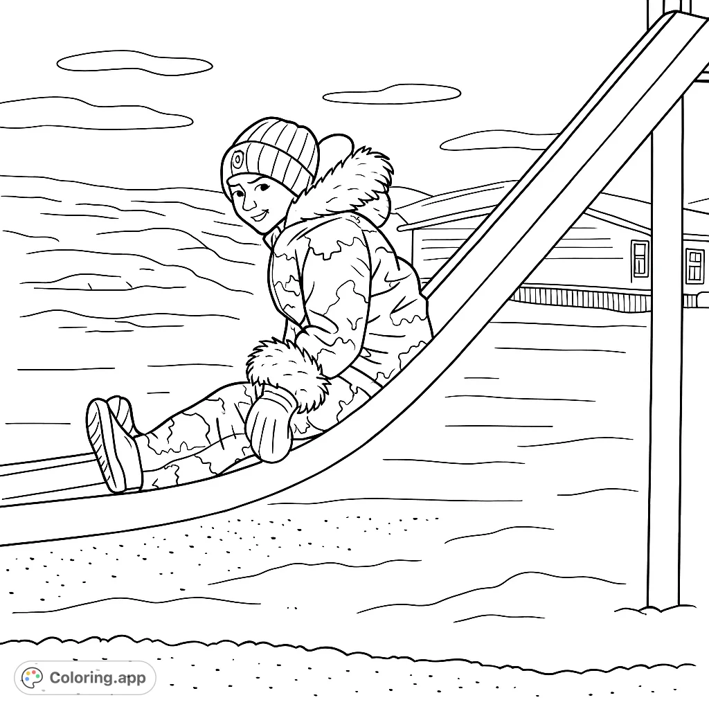 A joyful child in winter gear smiles while sliding down a snowy playground slide. Perfect free printable winter coloring page for kids!