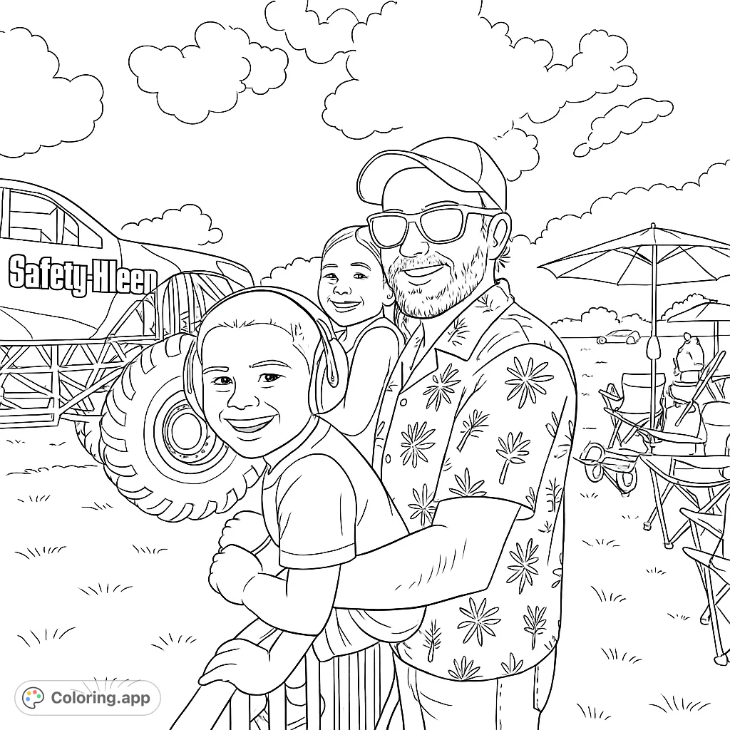 A fun day at the monster truck rally! This coloring page features a family enjoying the show.