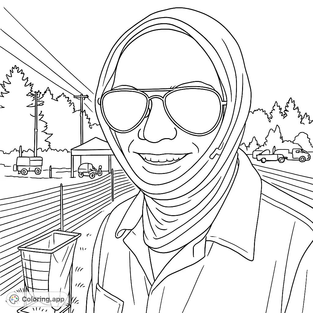 A smiling person in a hijab and sunglasses in an outdoor setting with a fence, utility poles, and various vehicles. A free printable coloring page.