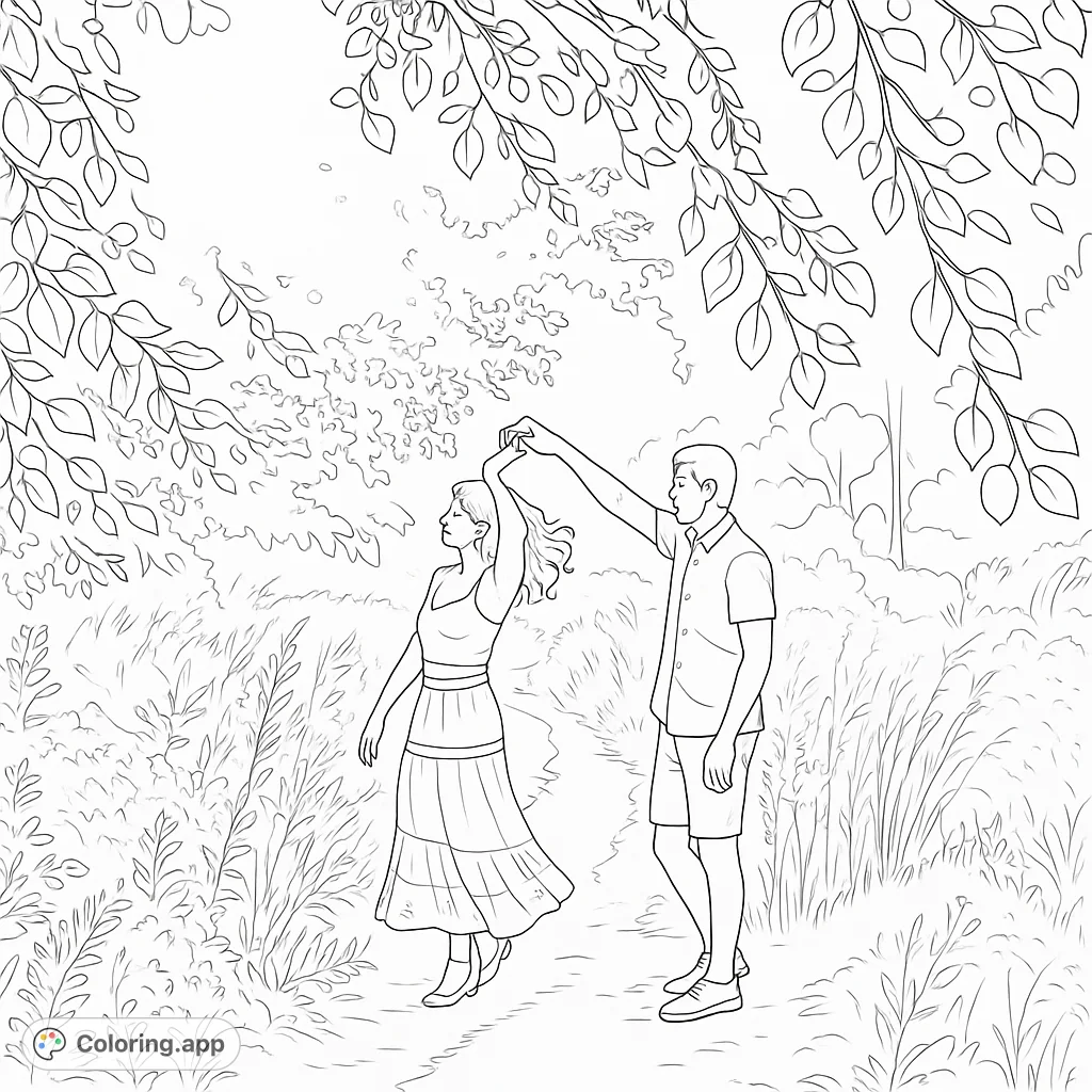 A romantic outdoor dance scene featuring a couple twirling amidst lush foliage and hanging tree branches, perfect for a serene nature coloring page.