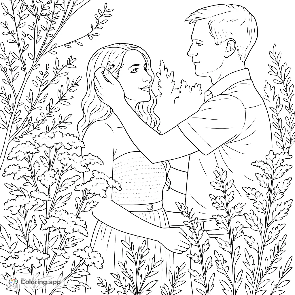 A beautiful romantic couple garden coloring page, perfect for adults and teens. Features a man and woman in a tender embrace amidst lush foliage.