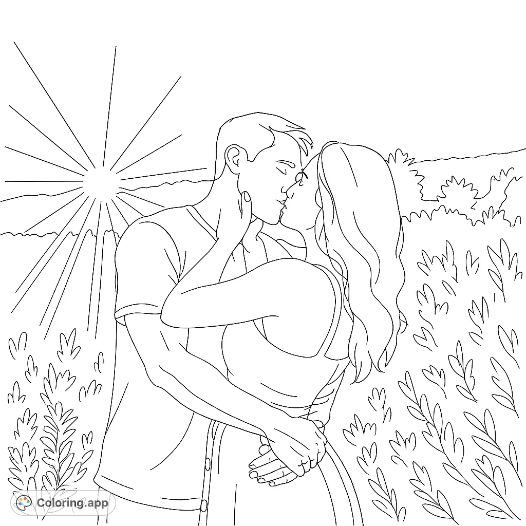 A tender moment captured: a couple shares a romantic kiss in a sun-drenched field. Perfect for expressing love and connection through color.