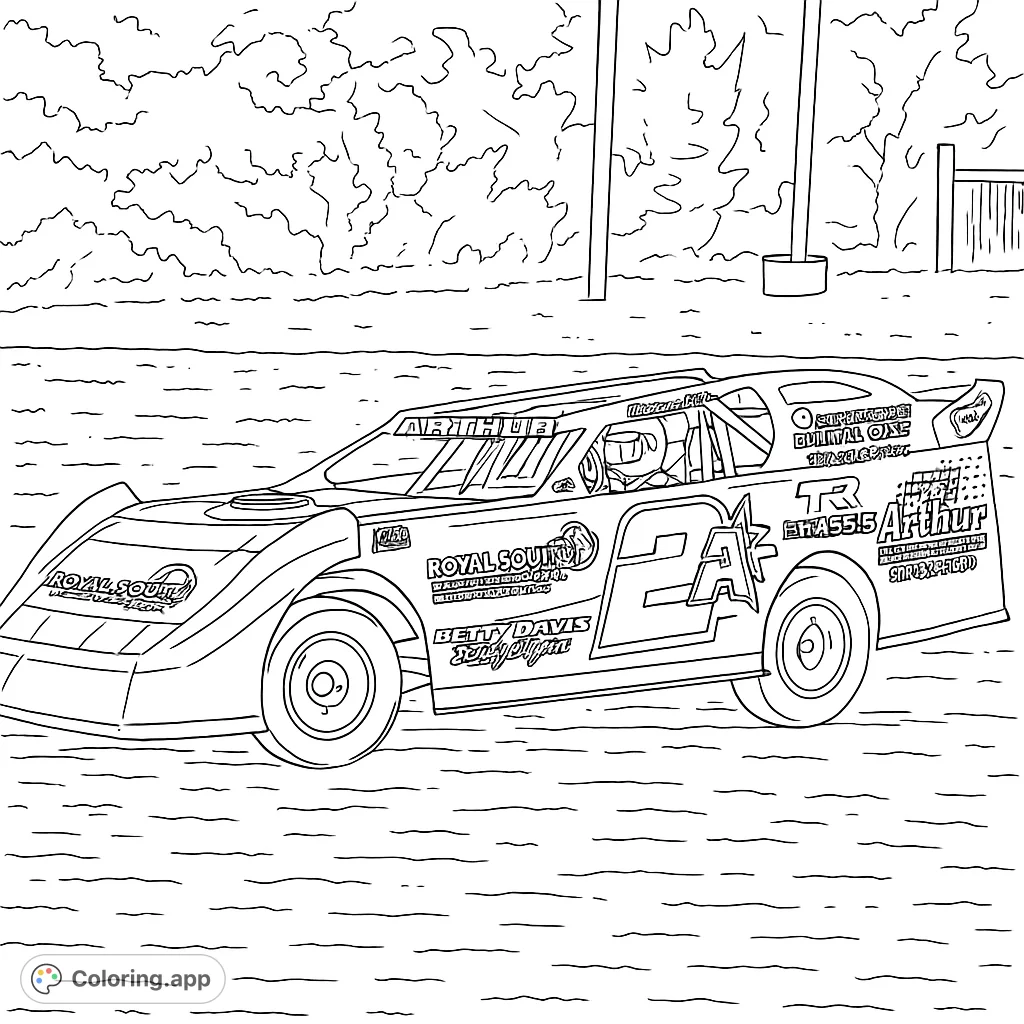 Rev up your creativity with this dynamic dirt track race car coloring page! Features a powerful car with a driver, ready for vibrant colors.