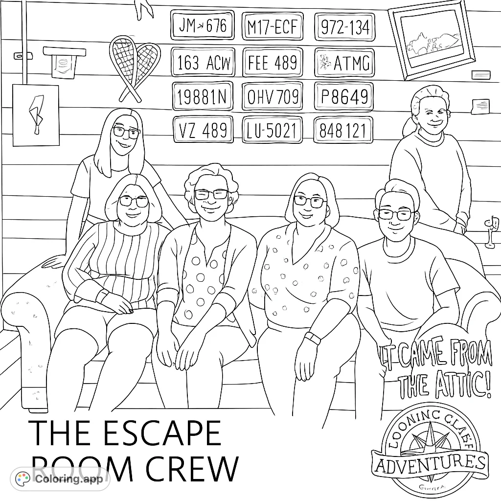 A warm group portrait featuring six smiling individuals gathered on a plush couch, surrounded by unique wall decor, perfect for a relaxing coloring session.