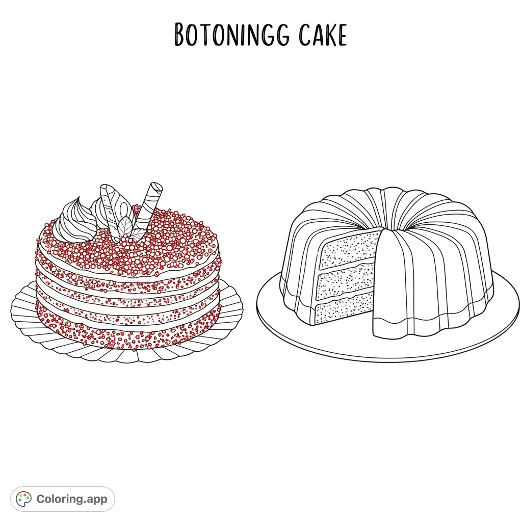 Indulge in this delightful dessert coloring page featuring a layered sprinkle cake and a fluted bundt cake. Perfect for sweet tooths and creative fun!