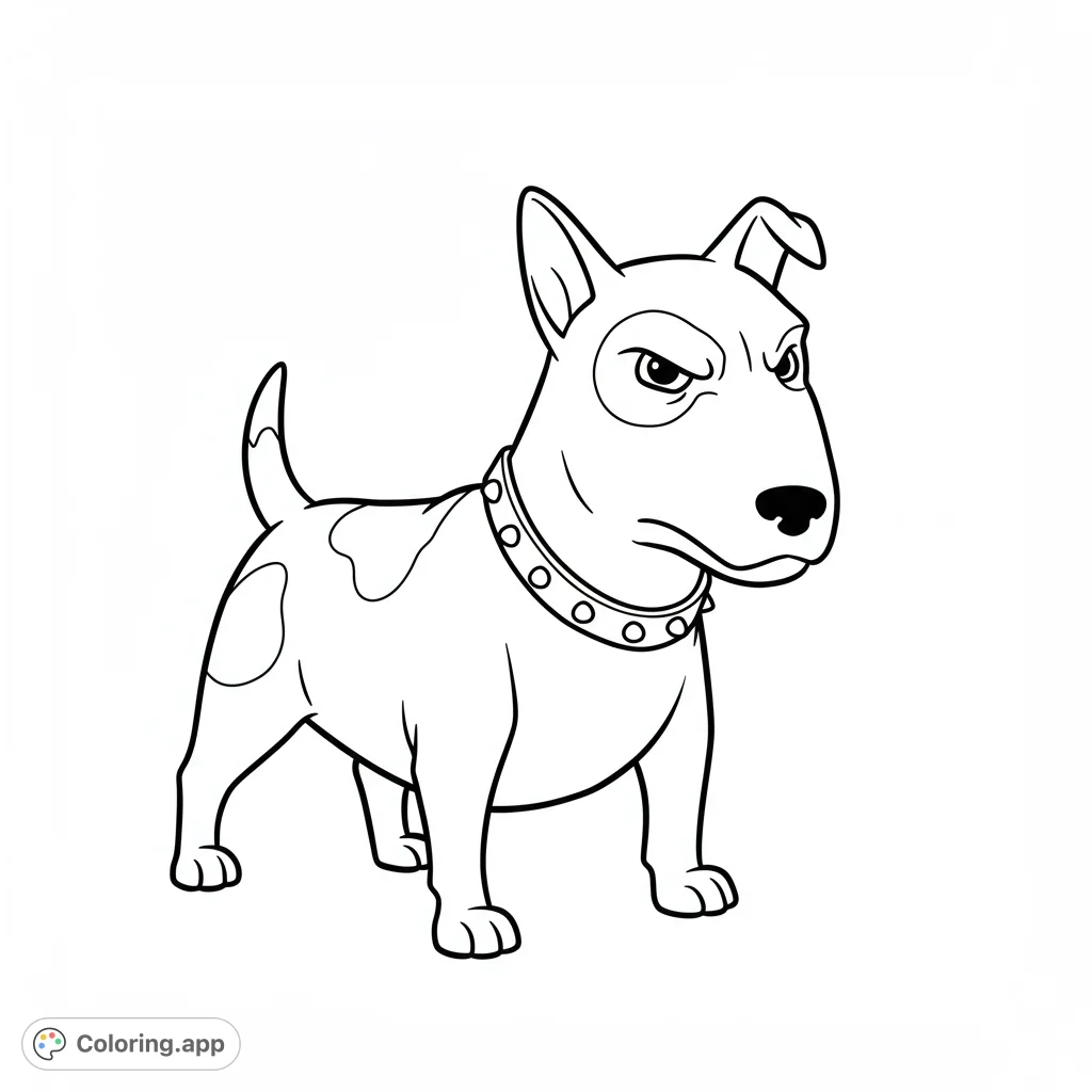 A charming bull terrier coloring page featuring a stern-faced dog with a studded collar and spots, perfect for pet lovers and all ages.