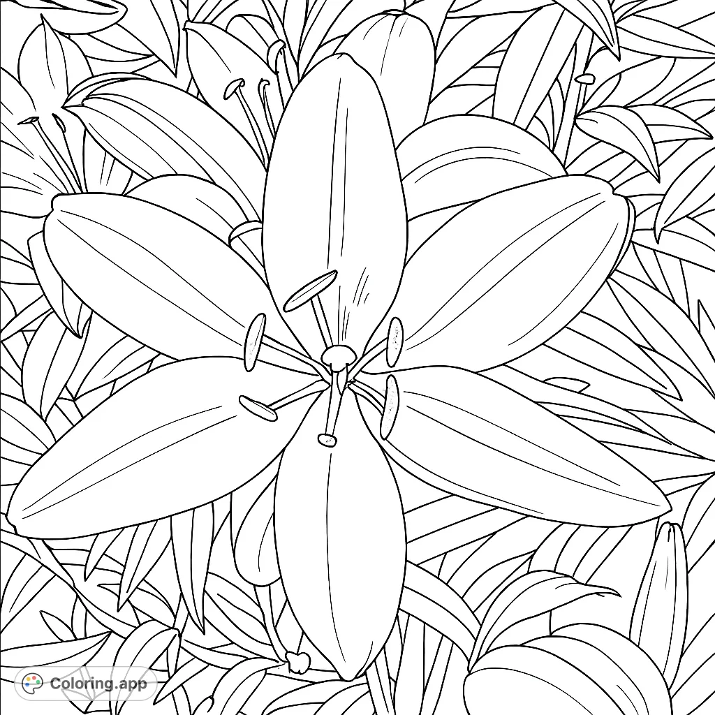 A beautiful floral coloring page featuring a large, detailed lily-like flower surrounded by lush leaves and other blossoms, perfect for nature lovers.
