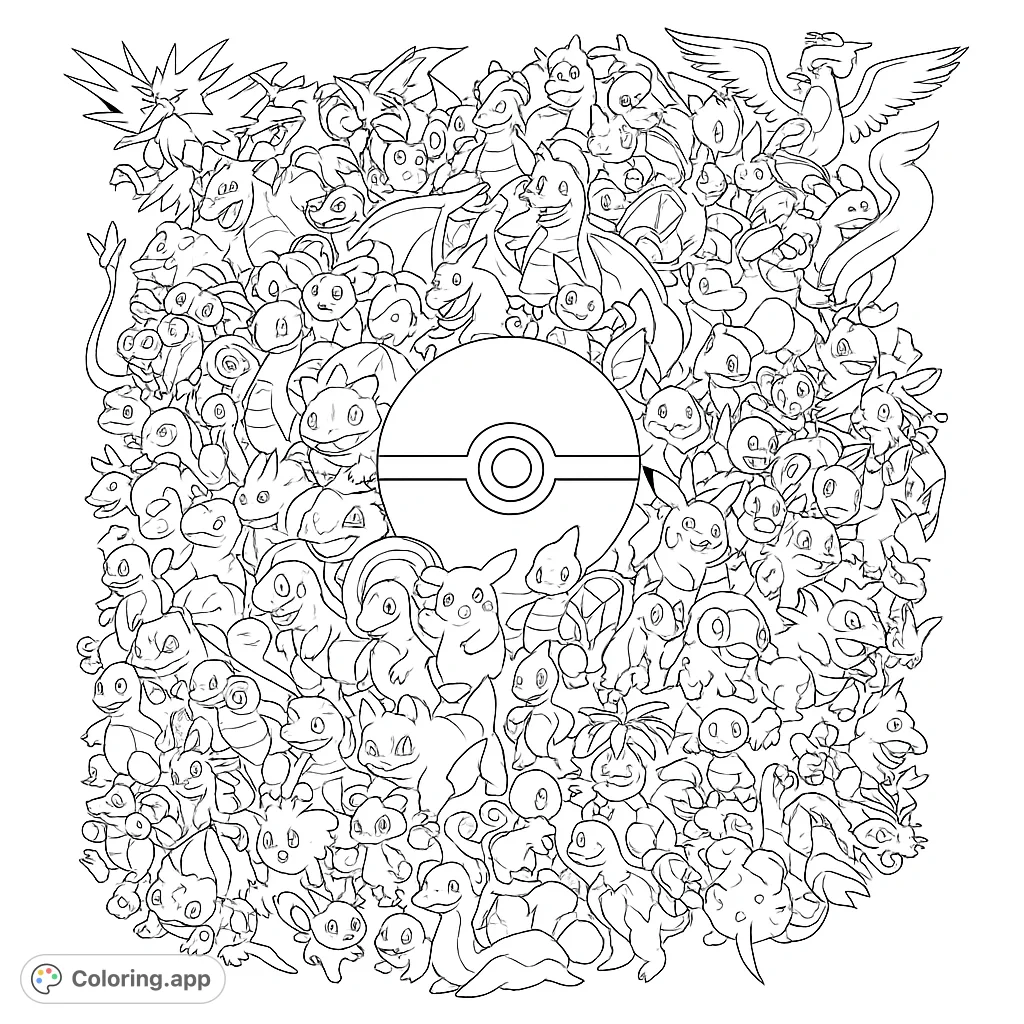 Dive into a vibrant Pokémon coloring page featuring a massive collection of beloved characters surrounding a central Poké Ball. Free printable fun for all ages!