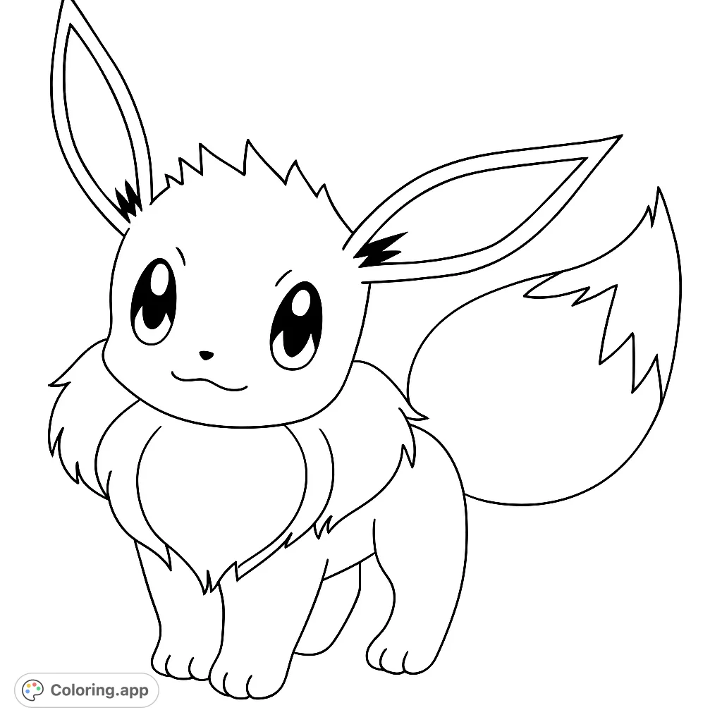 An adorable Eevee Pokémon coloring page, perfect for fans! Features large ears, fluffy mane, and a bushy tail, ready for vibrant colors.