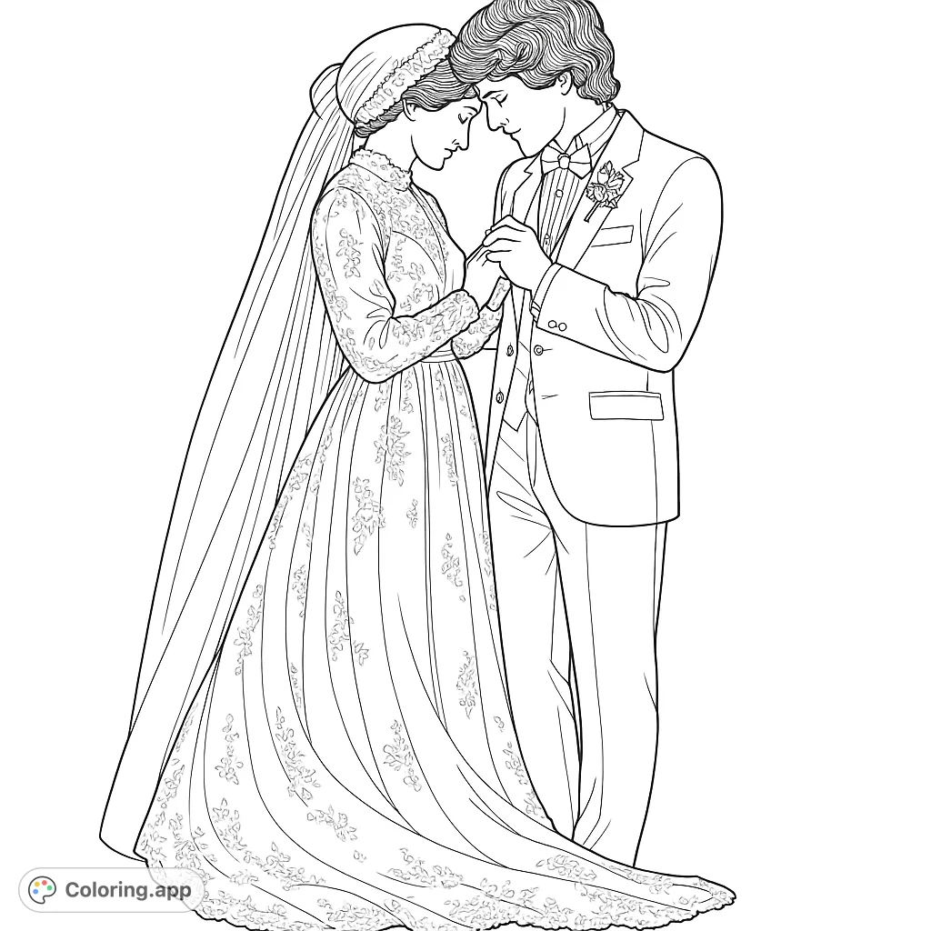 Capture the tender moment of a bride and groom on their wedding day. Intricate details on the gown and suit offer a beautiful coloring experience.