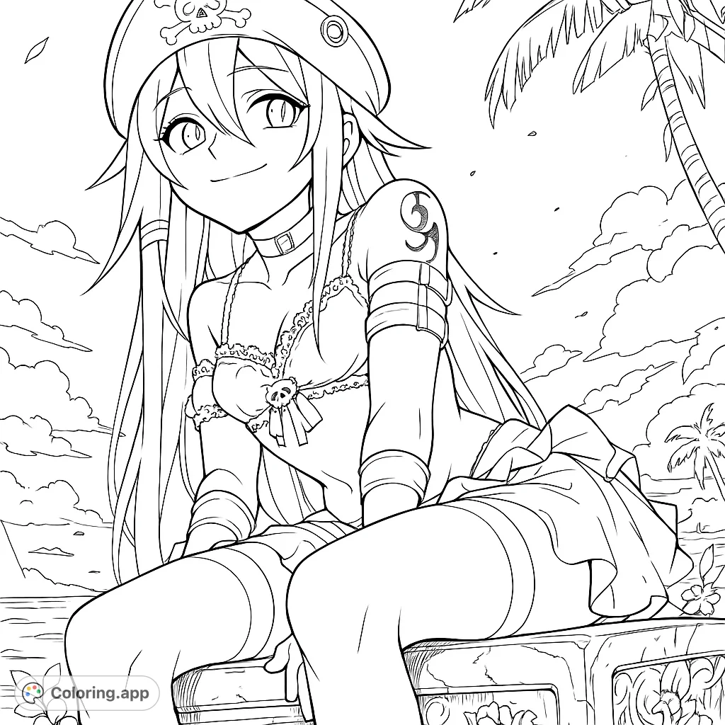 An adventurous anime pirate girl relaxes on a tropical beach, ready for a colorful journey. Perfect for fans of anime and pirate themes.