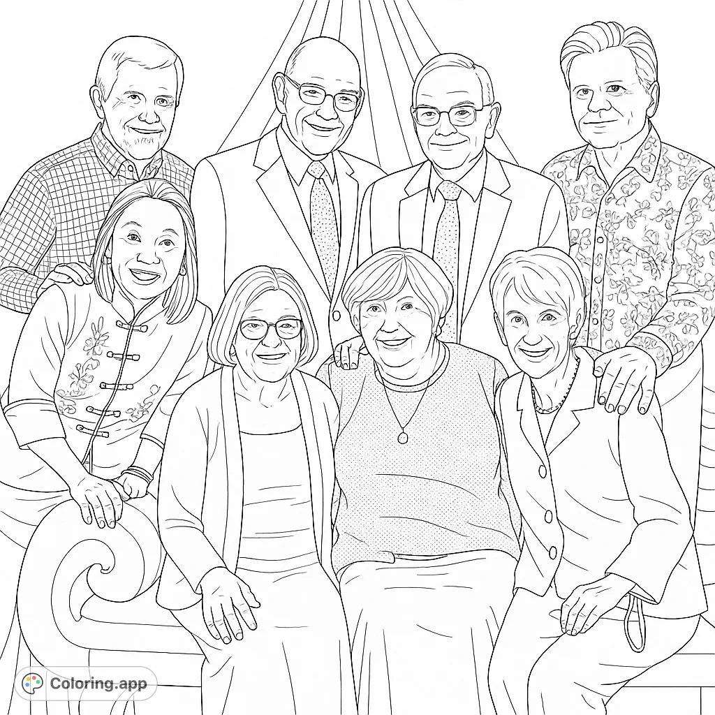 A heartwarming group portrait of seven smiling adults, perfect for a free printable coloring page. Celebrate family and friendship with this detailed design.