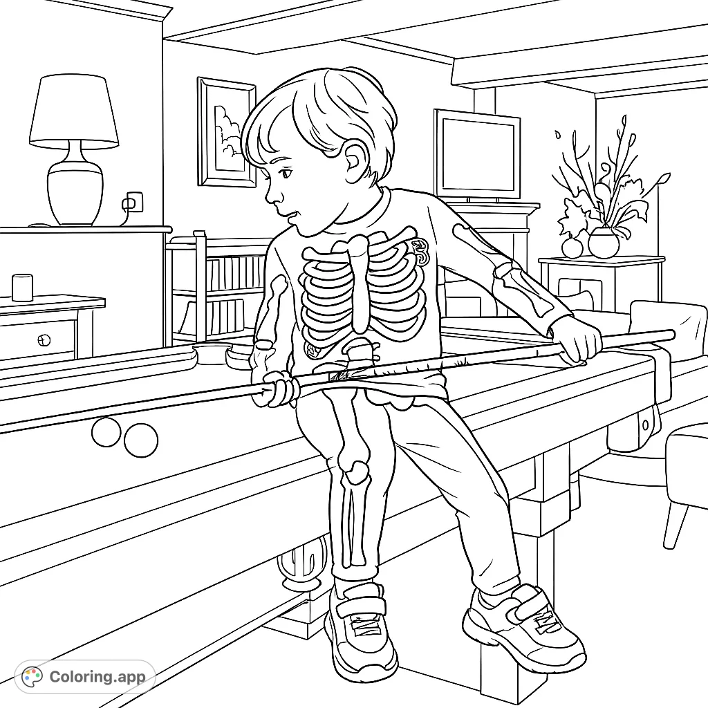 A playful skeleton costume coloring page featuring a child on a pool table, cue in hand. A free printable coloring page for kids.