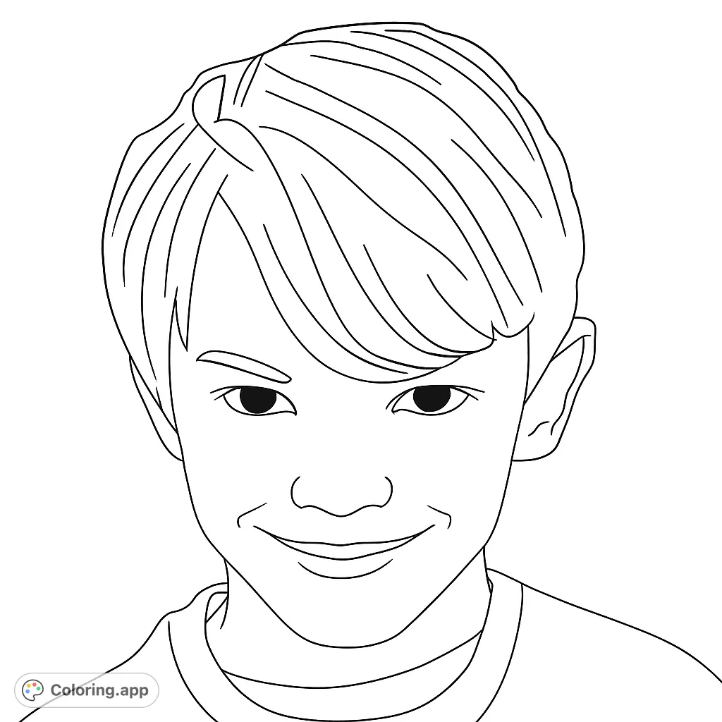 A charming free printable portrait coloring page featuring a happy young boy with a gentle smile, perfect for kids and adults to personalize.