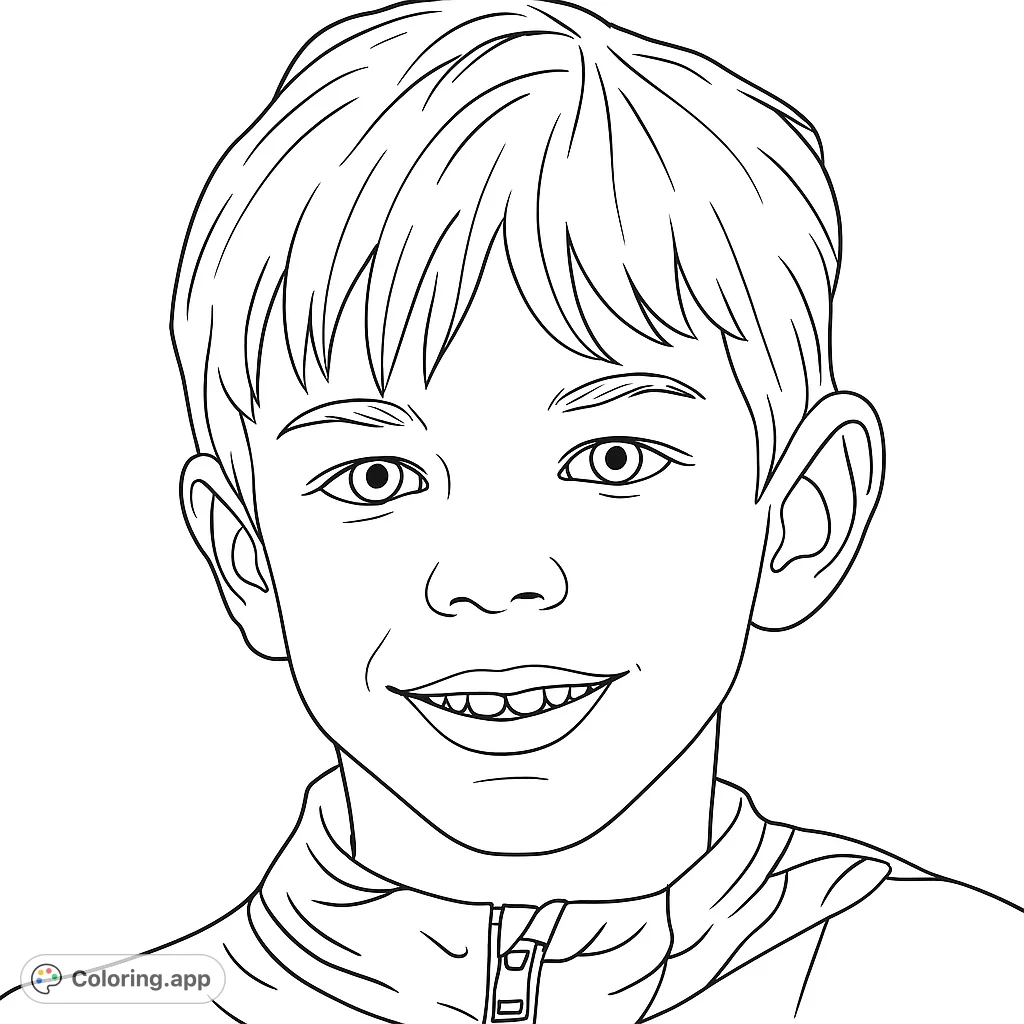 A charming portrait of a smiling young boy, perfect for a free printable coloring page. Features clear lines for easy and enjoyable coloring.