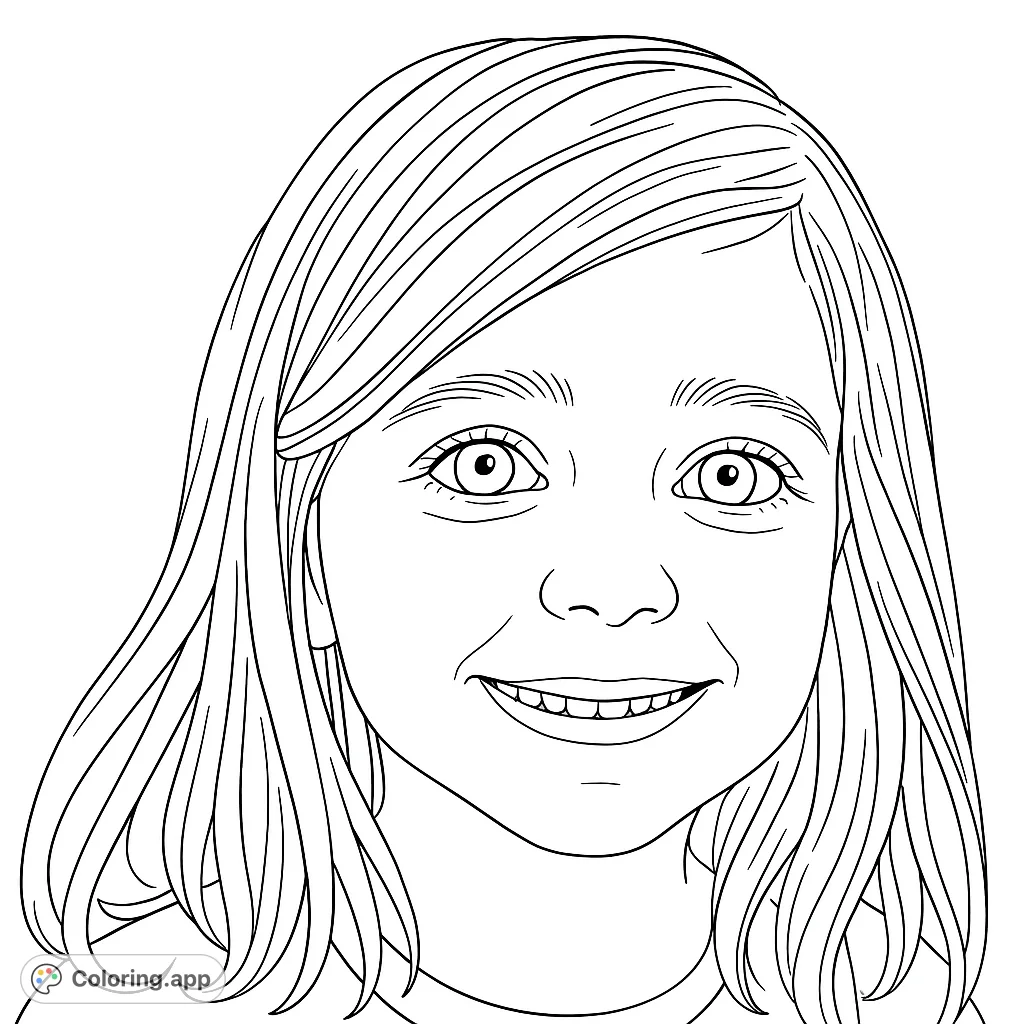 A delightful portrait of a smiling young girl, perfect for a happy coloring experience. Free printable portrait coloring page for kids and adults.