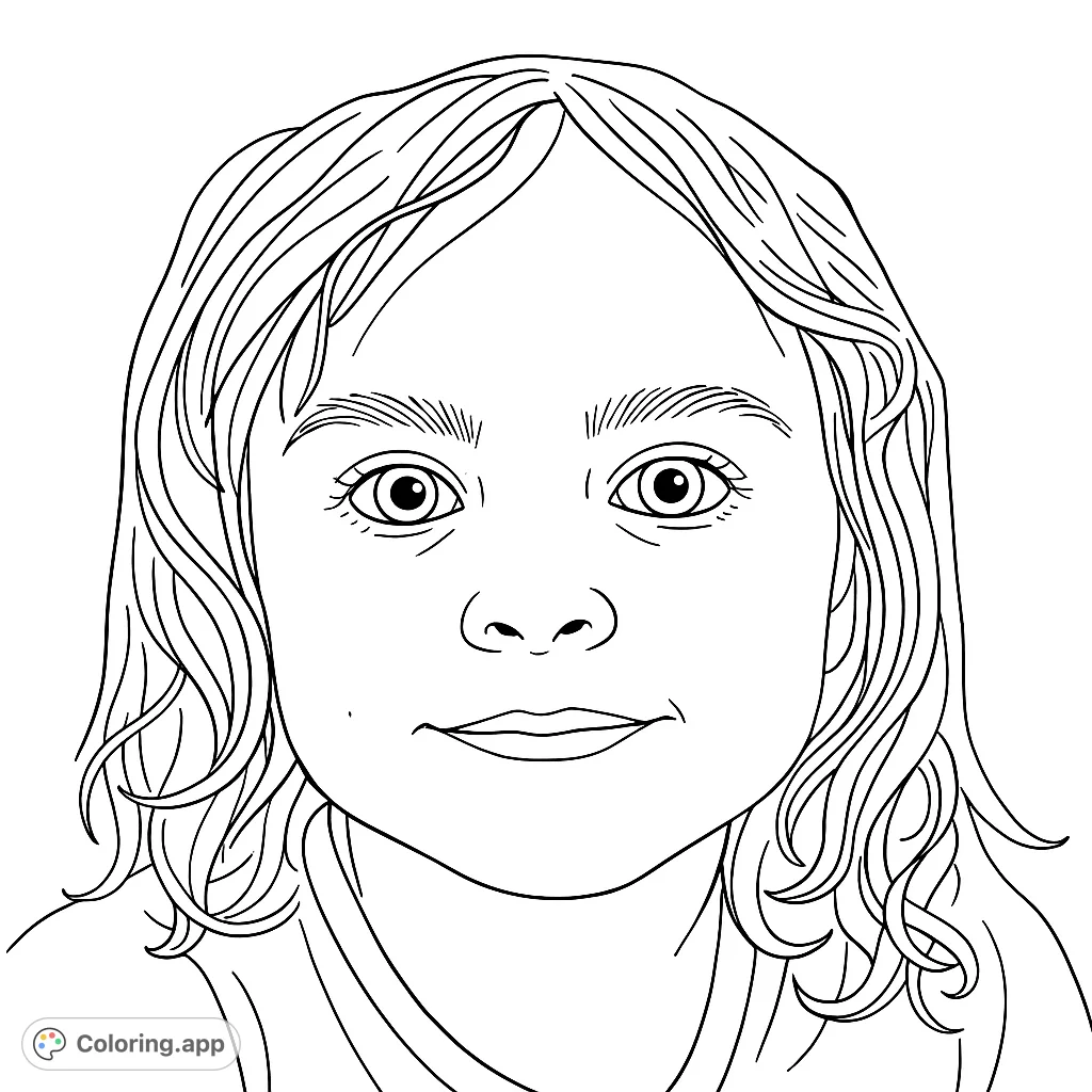 A charming child's face coloring page, perfect for all ages. Features expressive eyes, wavy hair, and a gentle smile.