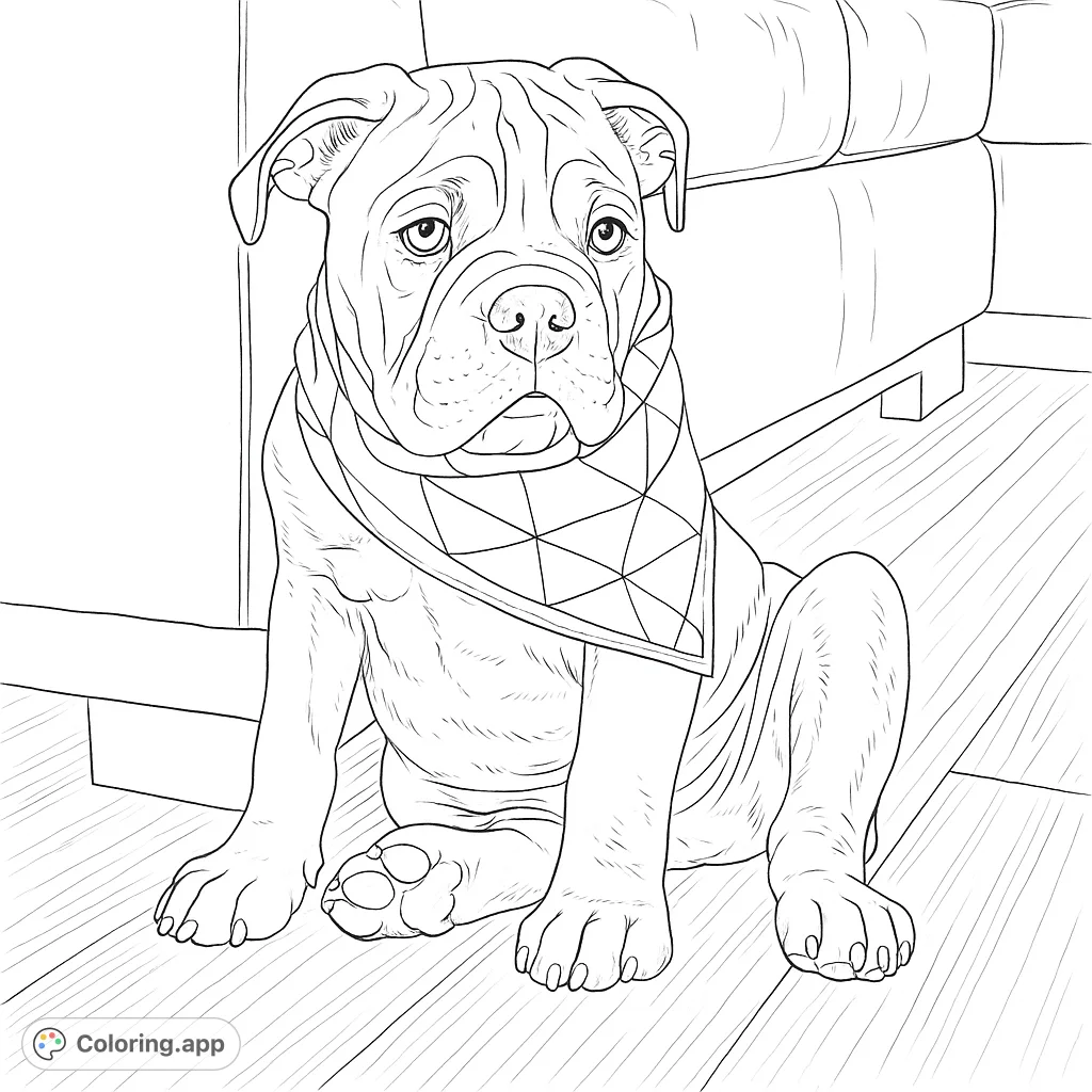 A charming puppy coloring page featuring a cute, wrinkly dog wearing a patterned bandana, sitting on a wooden floor. Perfect for dog lovers!