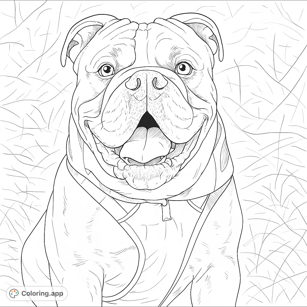 A charming bulldog coloring page featuring a happy, smiling dog with detailed wrinkles and an open mouth, perfect for pet lovers of all ages.