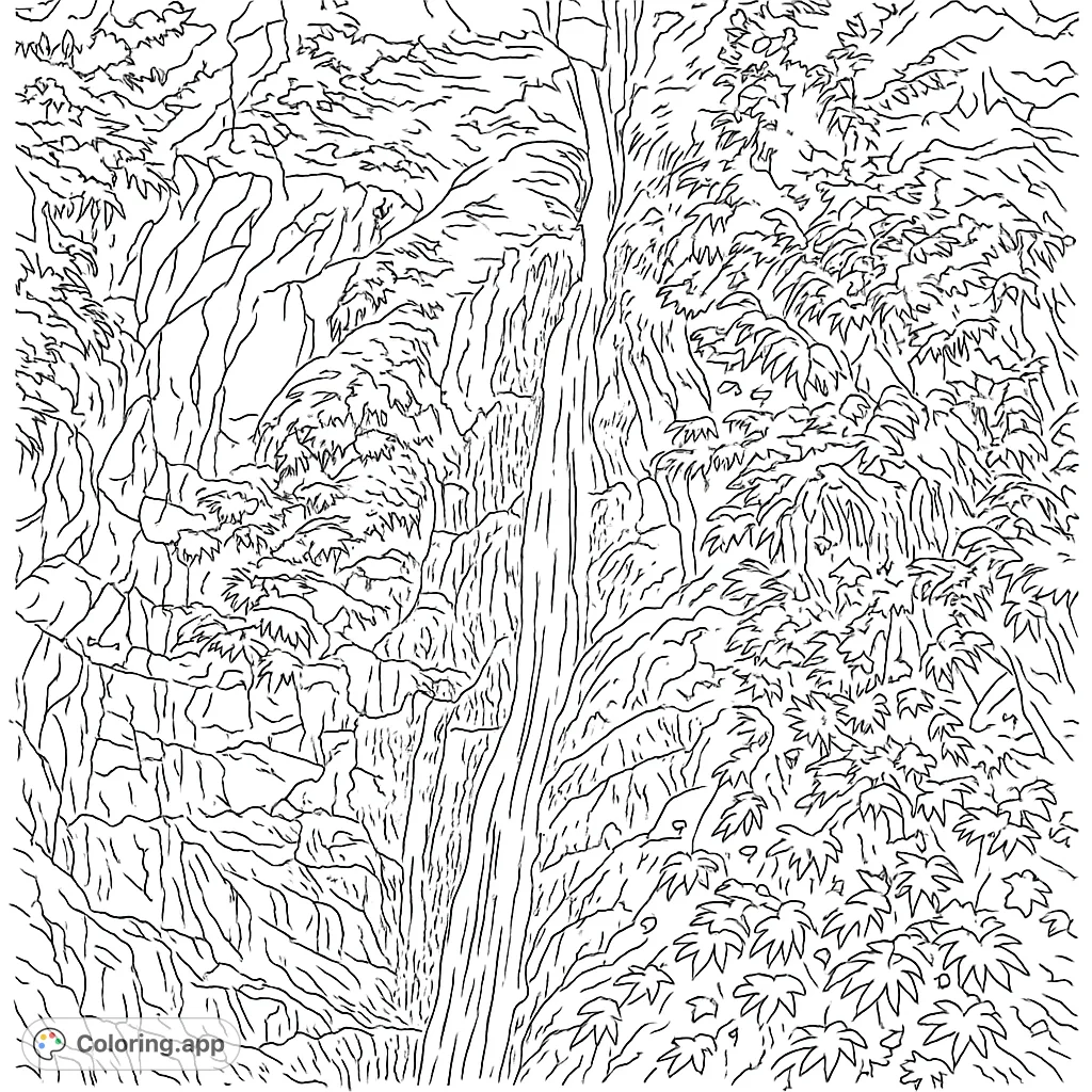 Immerse yourself in a detailed nature coloring page featuring a majestic waterfall cascading through lush foliage and rugged rocks. A free printable coloring page.
