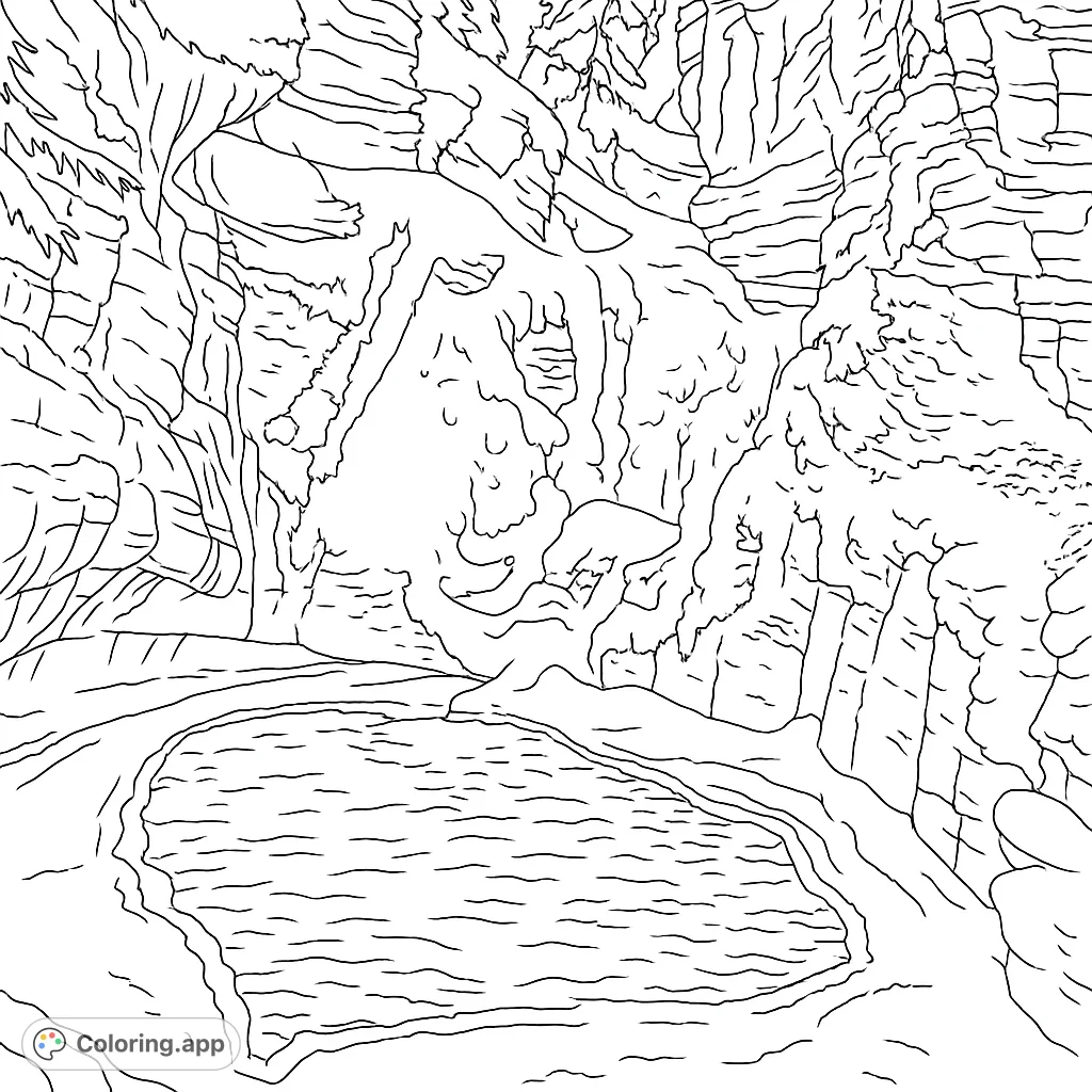 Discover a tranquil hidden pond nestled among rugged cliffs and lush foliage, with a gentle waterfall. A serene nature coloring page for all ages.
