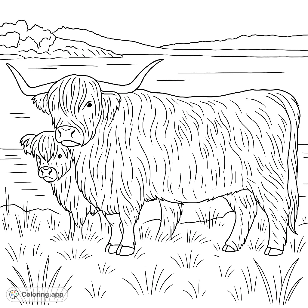 A charming Highland cow and her calf stand in a grassy field by a loch, ready for a cozy coloring adventure. Perfect for animal lovers!