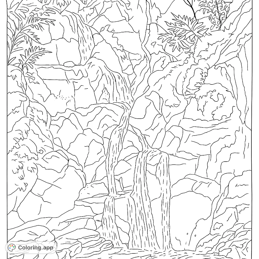 A serene waterfall cascades over rugged rocks amidst lush foliage, creating a tranquil nature scene. Perfect for a relaxing nature coloring page.