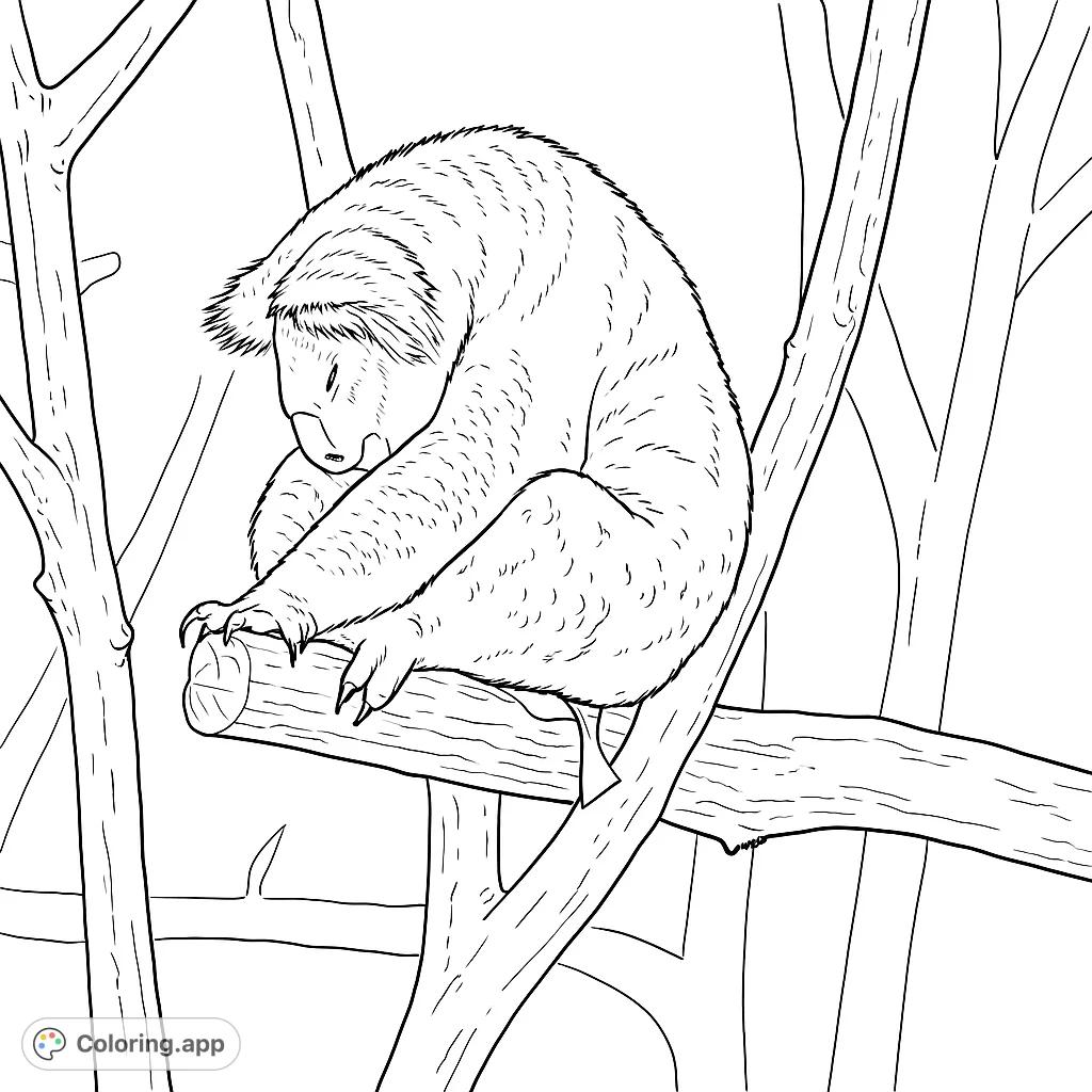 A serene koala sleeps soundly on a eucalyptus branch. This free printable koala coloring page offers a peaceful scene for all ages to enjoy.