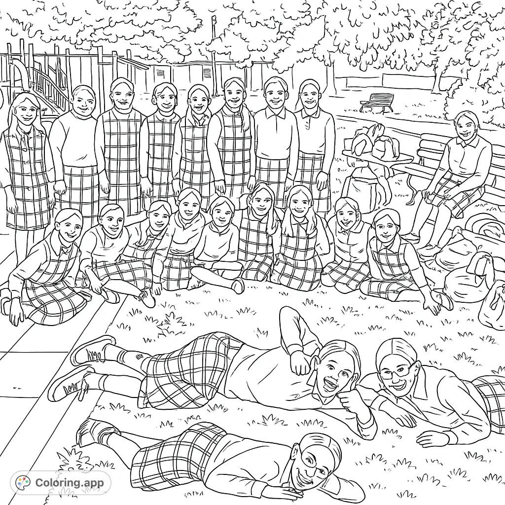 A group of school girls in uniform pose together outside. A fun coloring page for kids who love friendship and school themes.