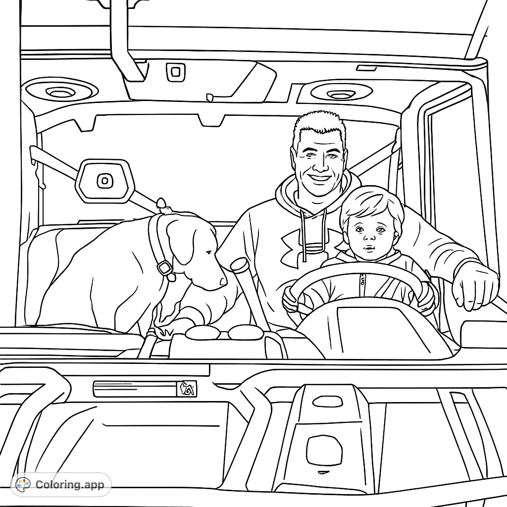 A heartwarming family adventure coloring page featuring a man, child, and dog in a vehicle cab. Perfect for all ages to color and enjoy!