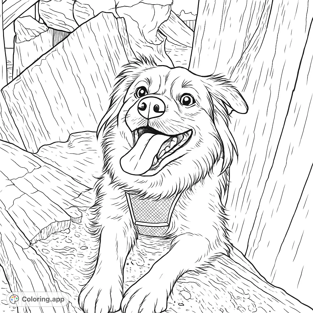 A joyful dog with its tongue out, resting on textured logs. A delightful free printable dog coloring page for kids and adults.