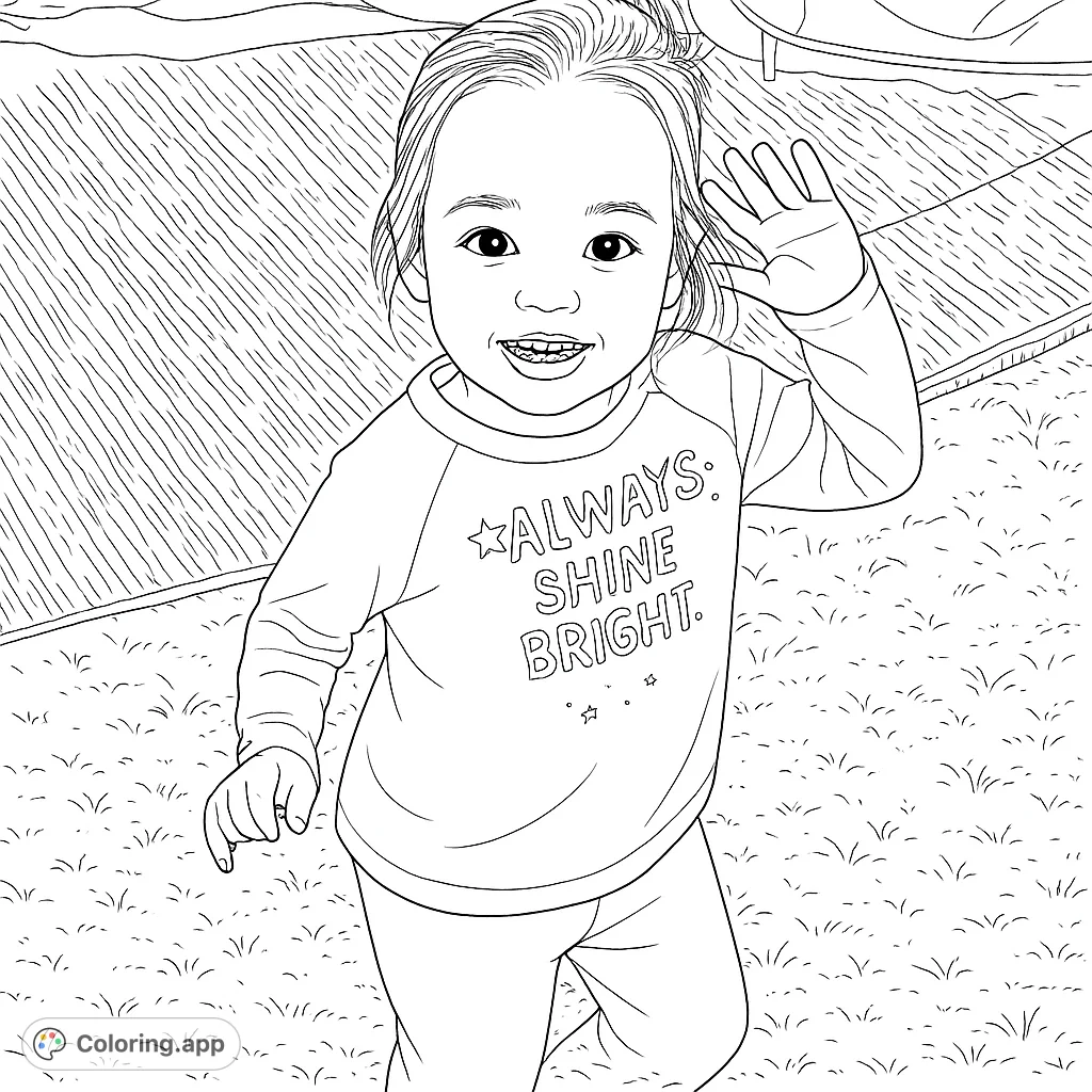 A delightful child waves and smiles in an outdoor setting. This free printable coloring page captures a joyful moment for kids and adults.
