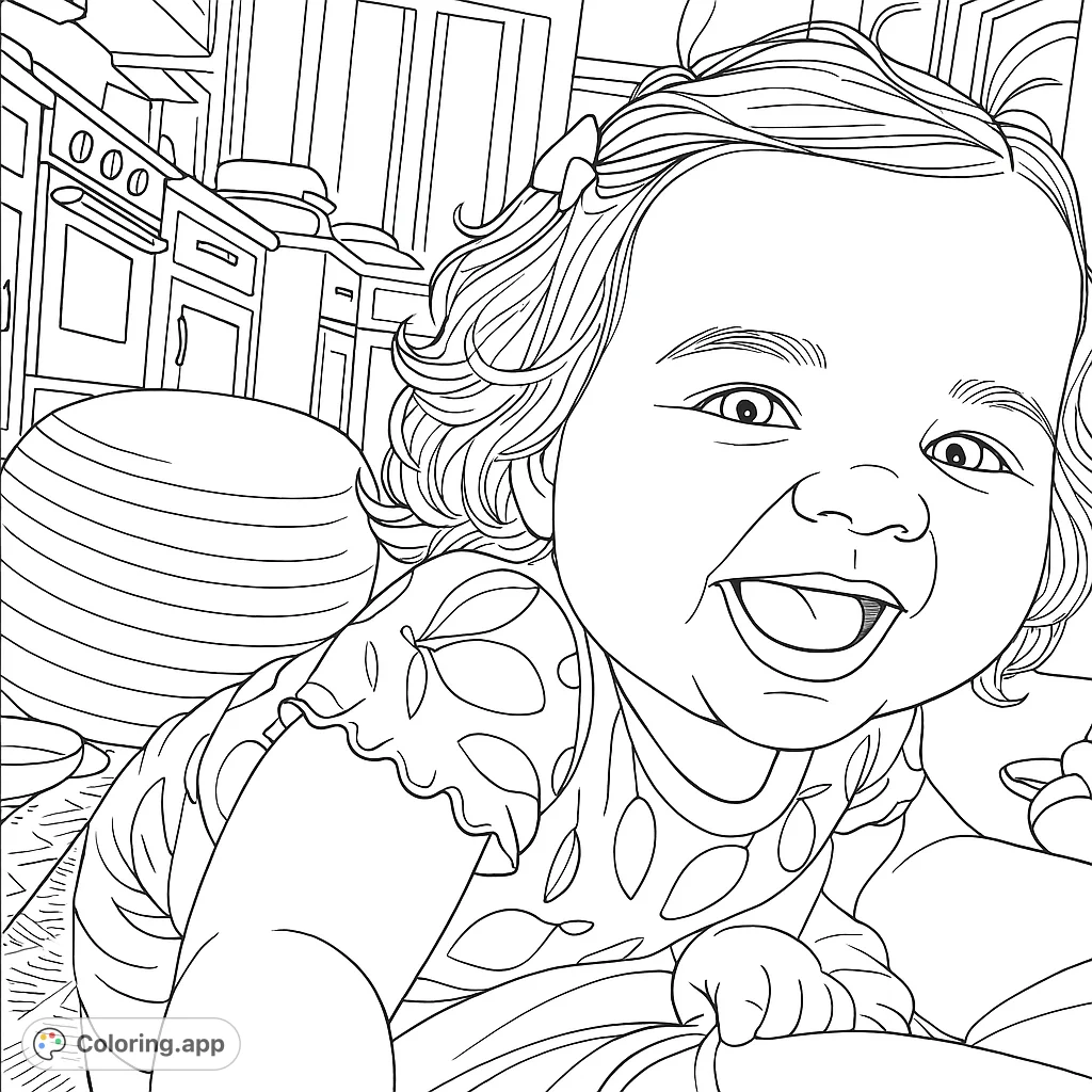 A delightful close-up of a laughing baby exploring a kitchen, perfect for a free printable baby coloring page. Features a happy infant with curly hair and a patterned outfit.