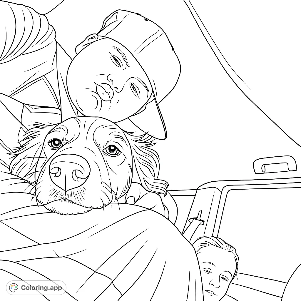 A heartwarming car ride scene featuring a person with a backward cap and their loyal dog, with another person peeking from behind. Perfect for pet lovers!