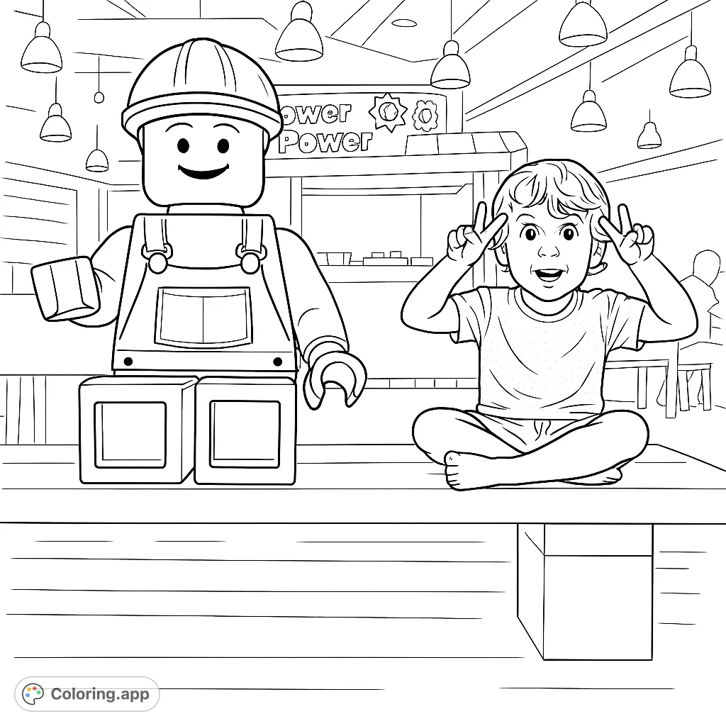 A cheerful block figure and a happy child making peace signs, ready for a fun coloring adventure in a playful, toy-themed setting.