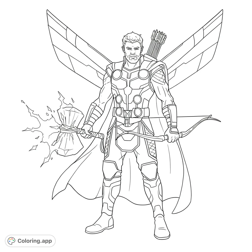 A mighty superhero stands ready for action, wielding his hammer with crackling lightning and a bow. Perfect for an epic superhero coloring page adventure!