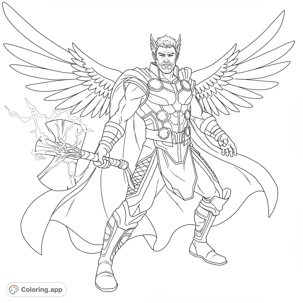 A powerful winged warrior in detailed armor wields a lightning axe, ready for action. Perfect for superhero fans!
