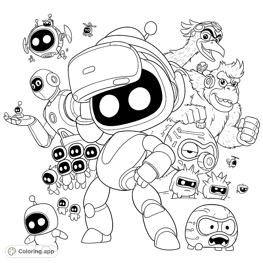 A vibrant futuristic robot coloring page featuring a VR-wearing bot, diverse robot companions, and quirky animal friends. Free printable fun!