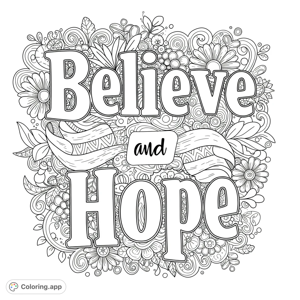 Inspiring "Believe and Hope" quote surrounded by intricate floral and botanical patterns, perfect for mindful coloring and creative expression.