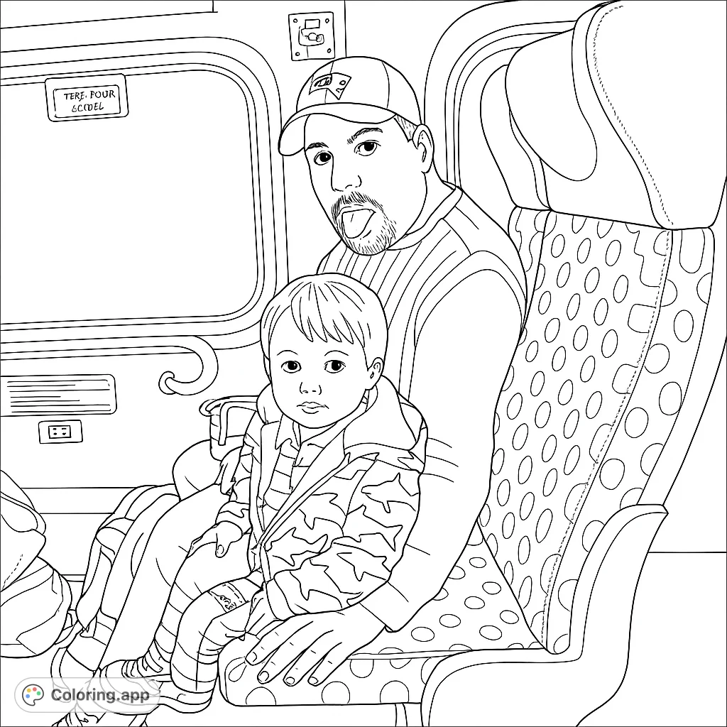 A heartwarming father and son train ride coloring page, featuring a playful dad and his child. Perfect free printable coloring page for family fun.
