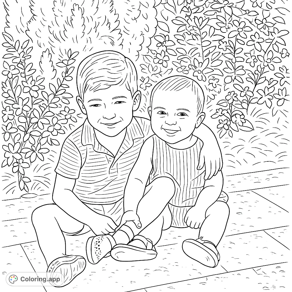 A heartwarming free printable coloring page featuring two smiling siblings, an older boy and a baby, sitting together amidst lush garden foliage. Perfect for kids!