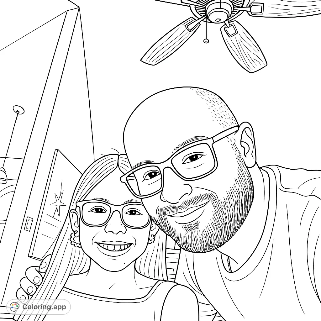 A heartwarming free printable family portrait coloring page featuring a smiling man and girl in glasses, perfect for all ages. Enjoy this happy moment!