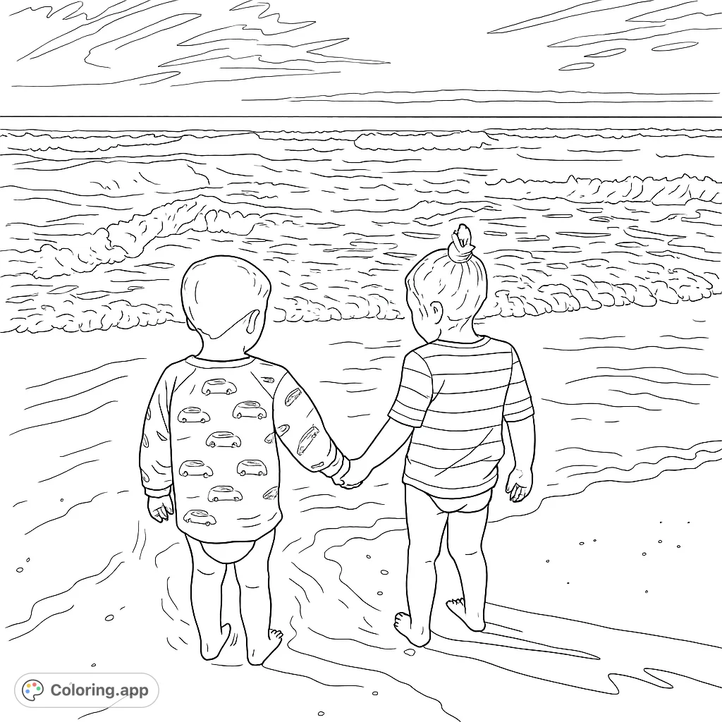 Two young children, seen from behind, hold hands while standing in the shallow ocean water at a sunny beach. A heartwarming free printable beach coloring page.