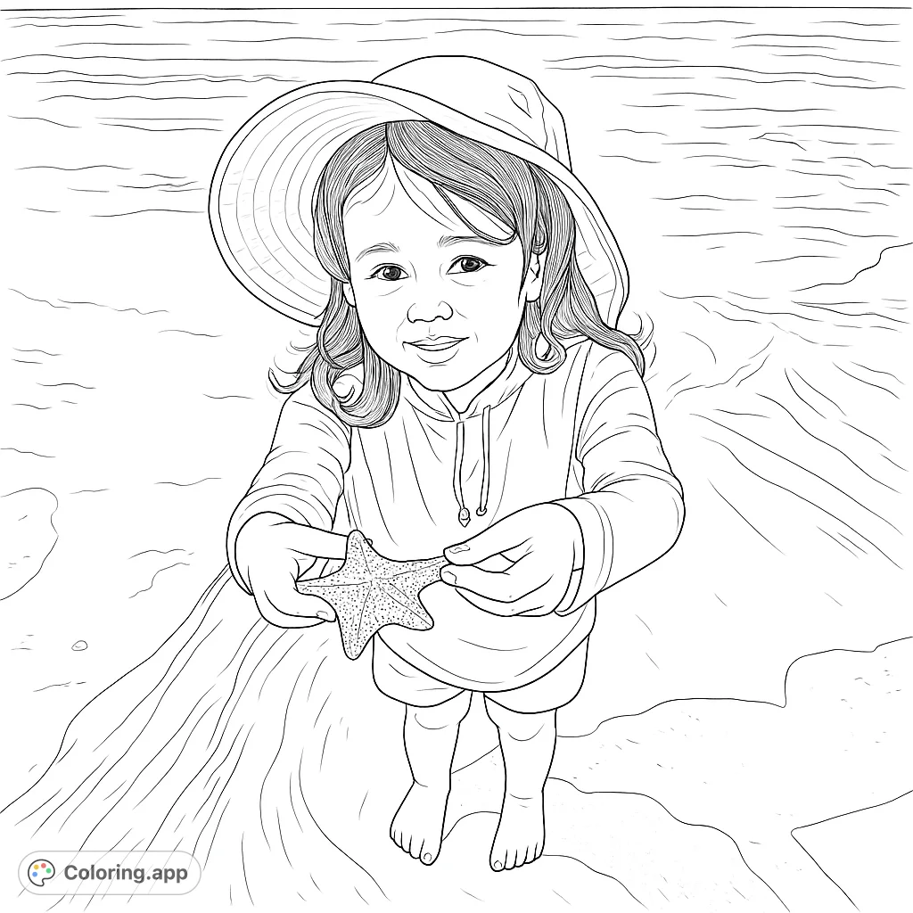 An adorable child in a sun hat holds a textured starfish on a sandy beach with gentle waves, a delightful ocean discovery scene.