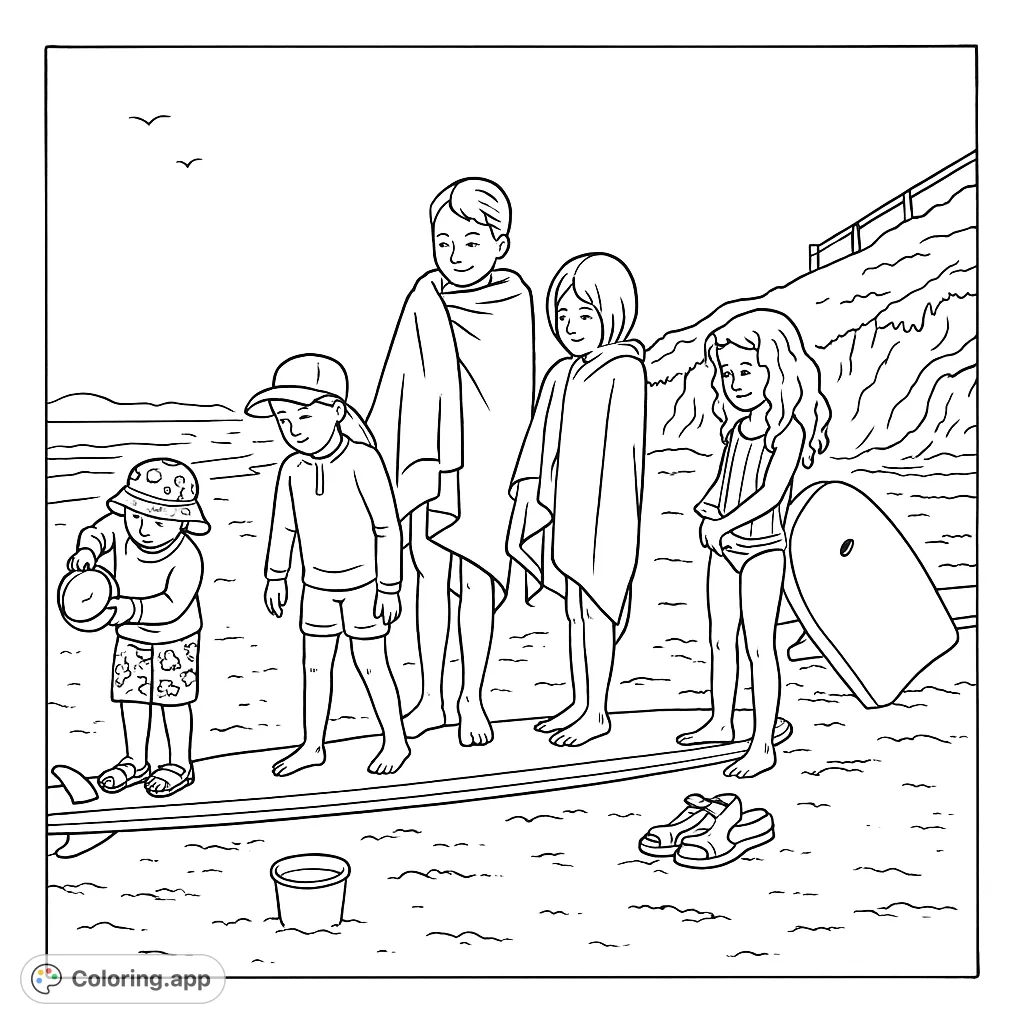 A delightful beach family coloring page featuring a family of five, surfboards, and beach gear. A free printable coloring page for kids and adults.
